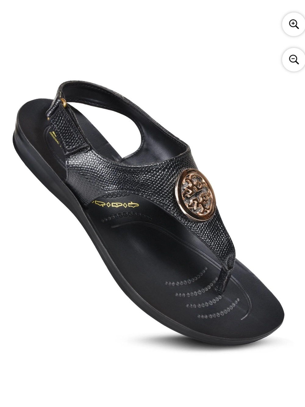 Black Women's Slingback Thong Sandal with Decorative Bronze Medallion